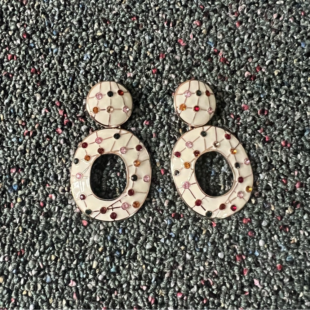 ZARA Off-White Cream & Colorful Gemstone Oval Dangle Statement Earrings Jewelry - Picture 5 of 12